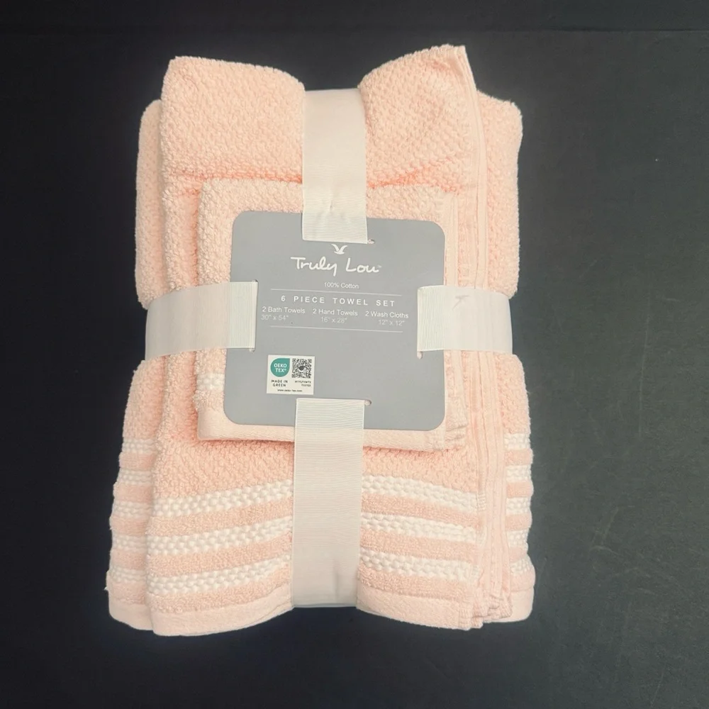 6pc TRULY LOU 100% Cotton Bath Towel Set - Dogwood Pink/White Stripes